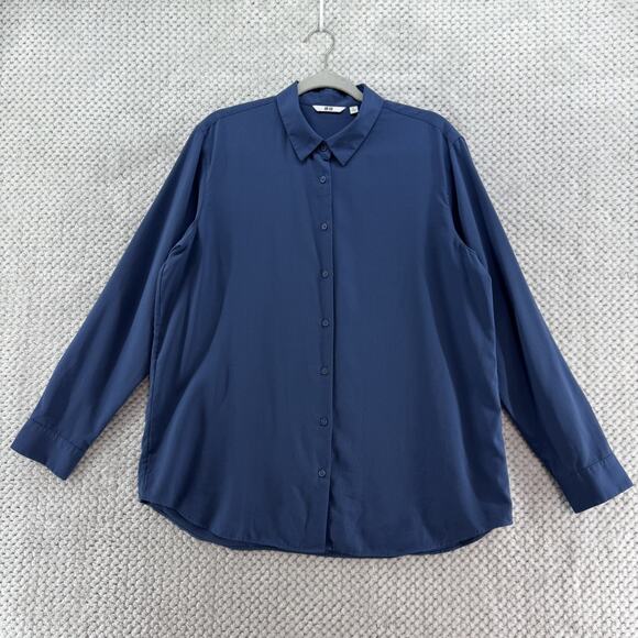 Uniqlo Top Womens XL Blue Rayon Button Front Long Sleeves Career - Picture 1 of 13